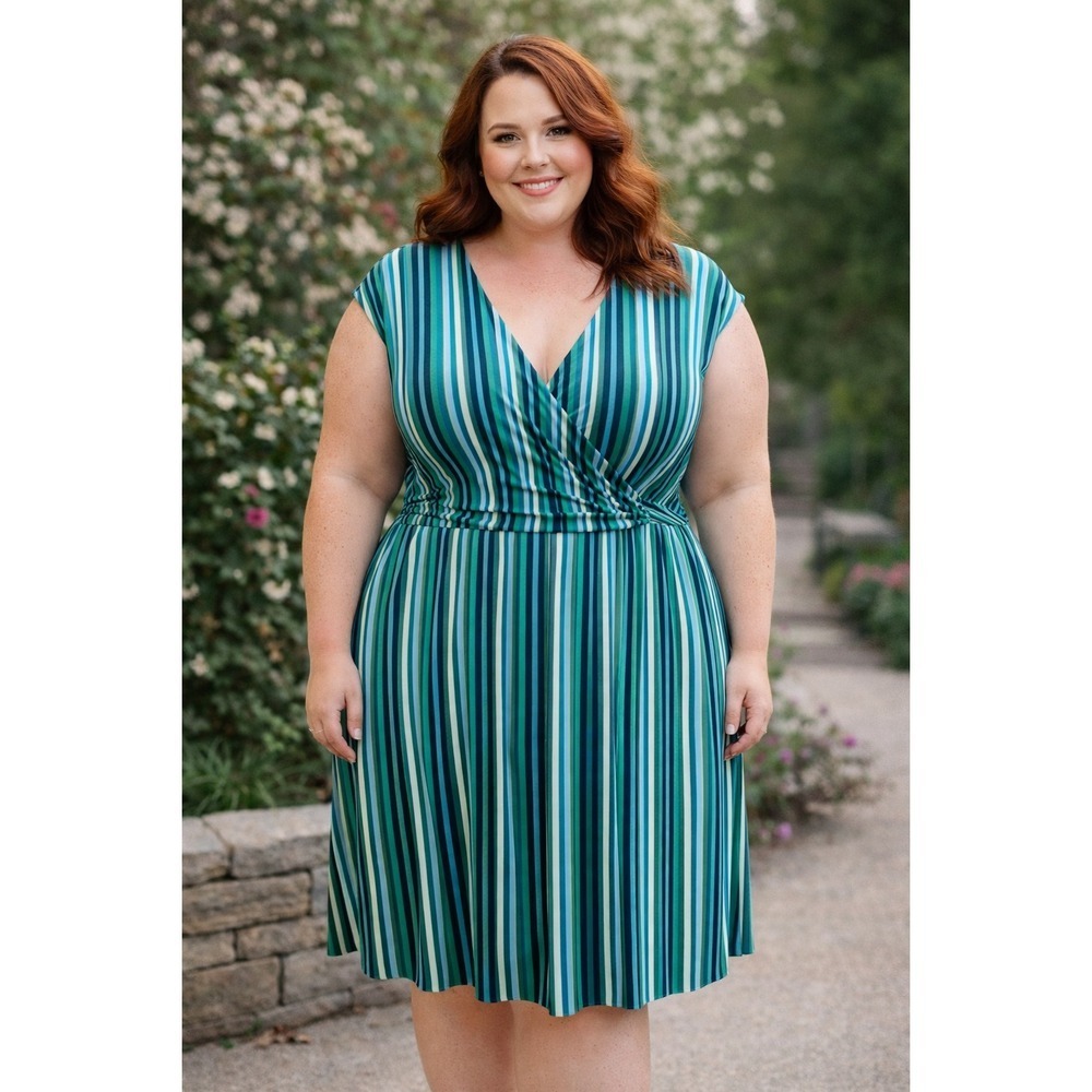 Julie Dillon Sleeveless Striped Faux Wrap Dress Size 24W Green Blue V Neck EUC